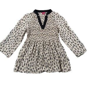 Sunny Leigh Women’s Smocked Tunic Top Size XL Black Chair Print LS Semi Sheer